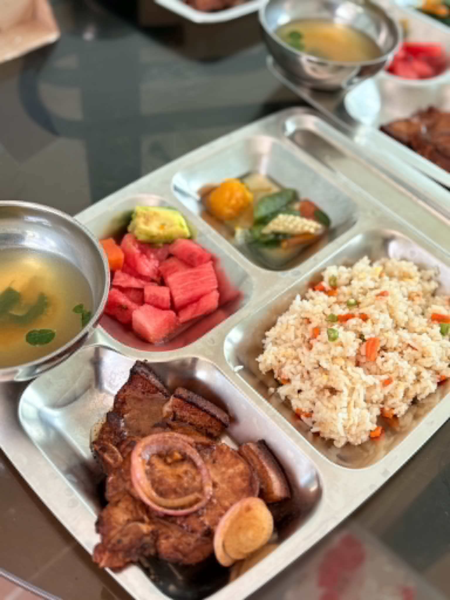 BBQ pork with fried rice & watermelon